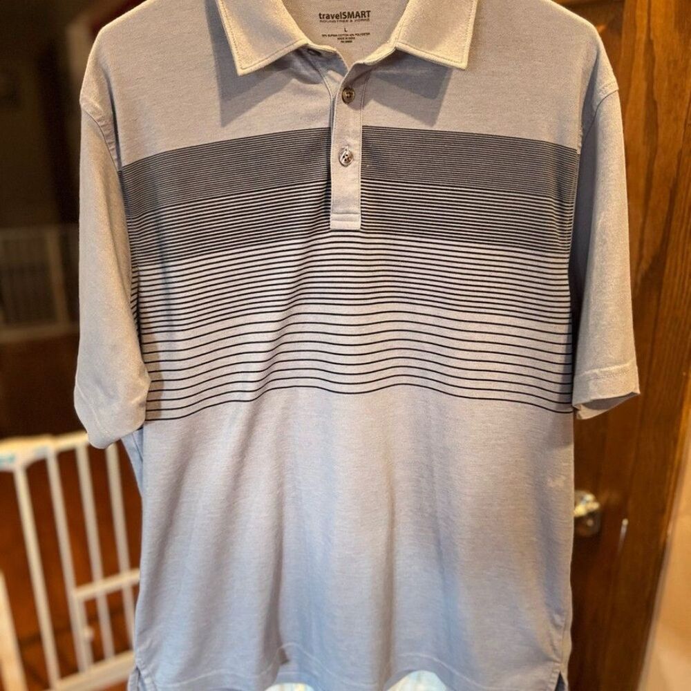 Roundtree & Yorke Light Gray Polo with Dark Stripes